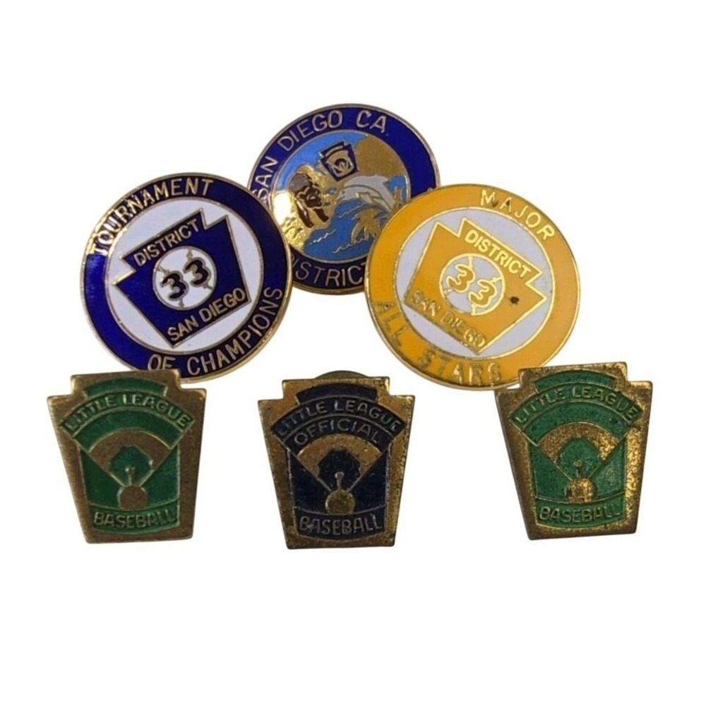 Little League Vintage 80s Set Of 6 Baseball Lapel‎ Pins Pinbacks Green Blue